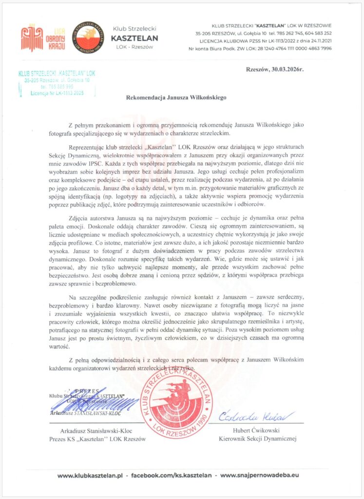 Rekomendacja od Kluu Strzeleckiego LOK "Kasztelan i Sekcji Dynamicznej Rzeszów"